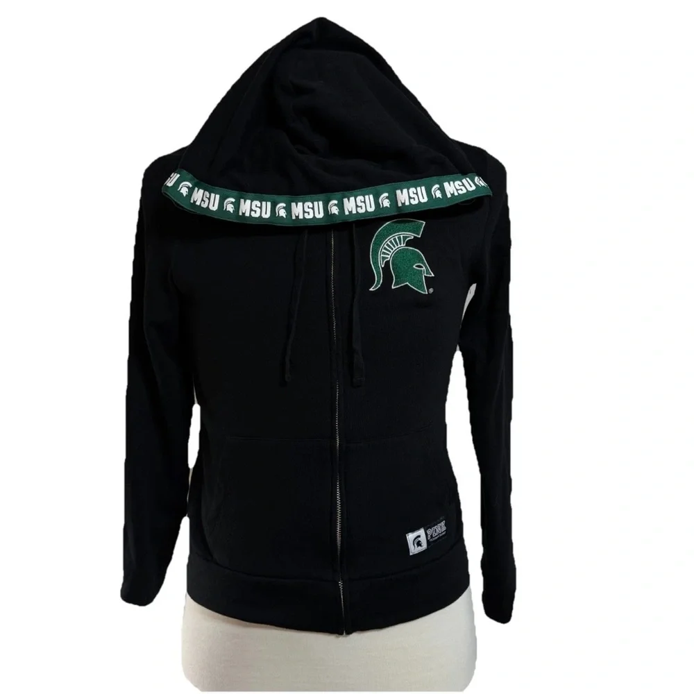 MSU SPARTANS Victoria's Secret MICHIGAN STATE UNIVERSITY Black Hoodie Jacket S - Picture 6 of 6